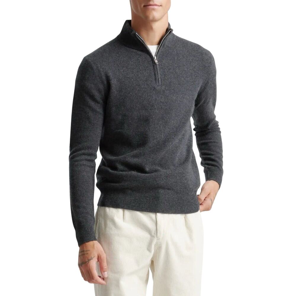 Fair Quince Men’s Large Charcoal Mongolian Cashmere Quarter Zip Sweater Preppy